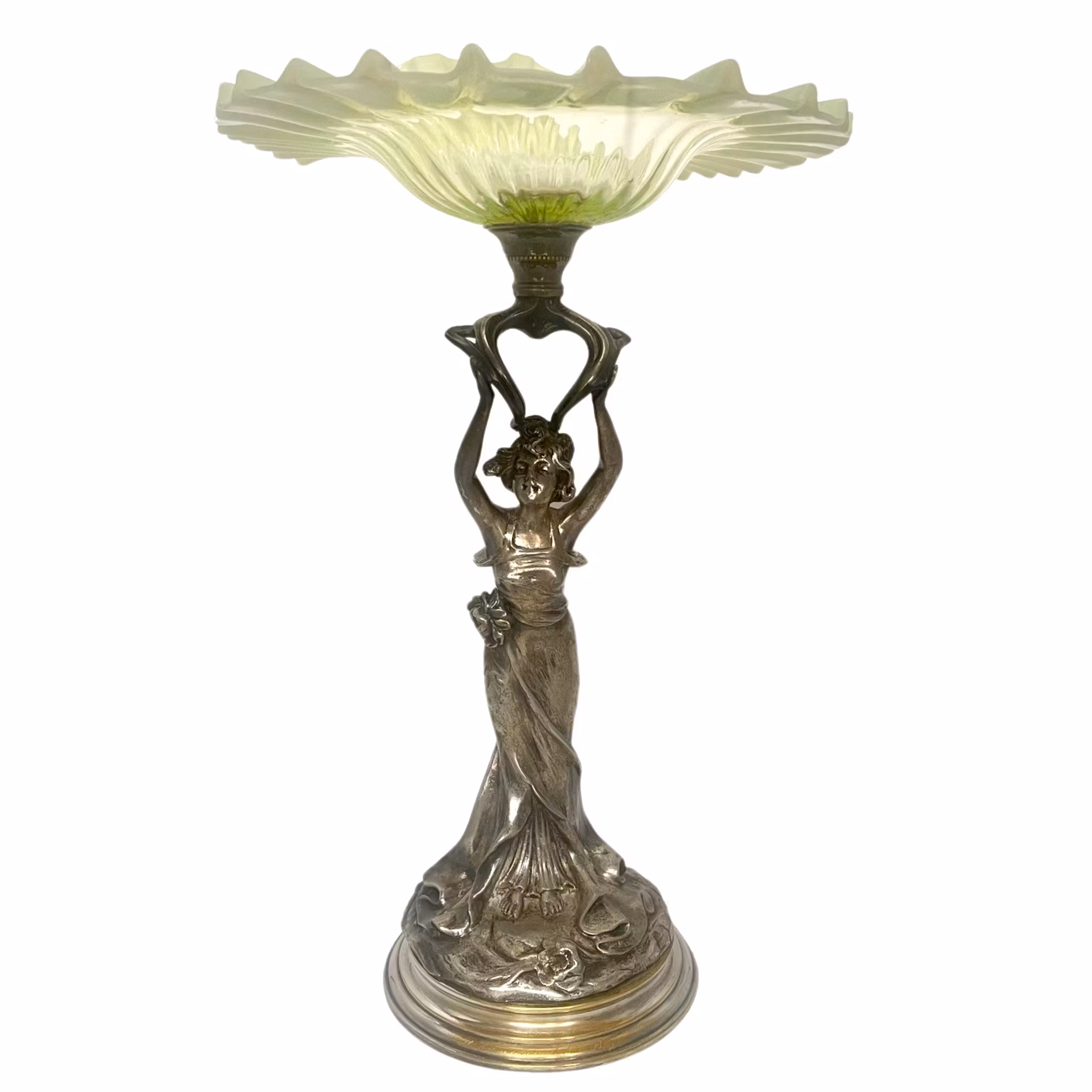 Vintage Art Nouveau, verzilverd beeldje vrouw met uranium glazen kom