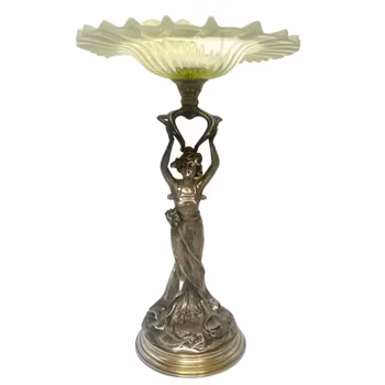 Vintage Art Nouveau, Silver pläterad figurin kvinna bär uran glasskål