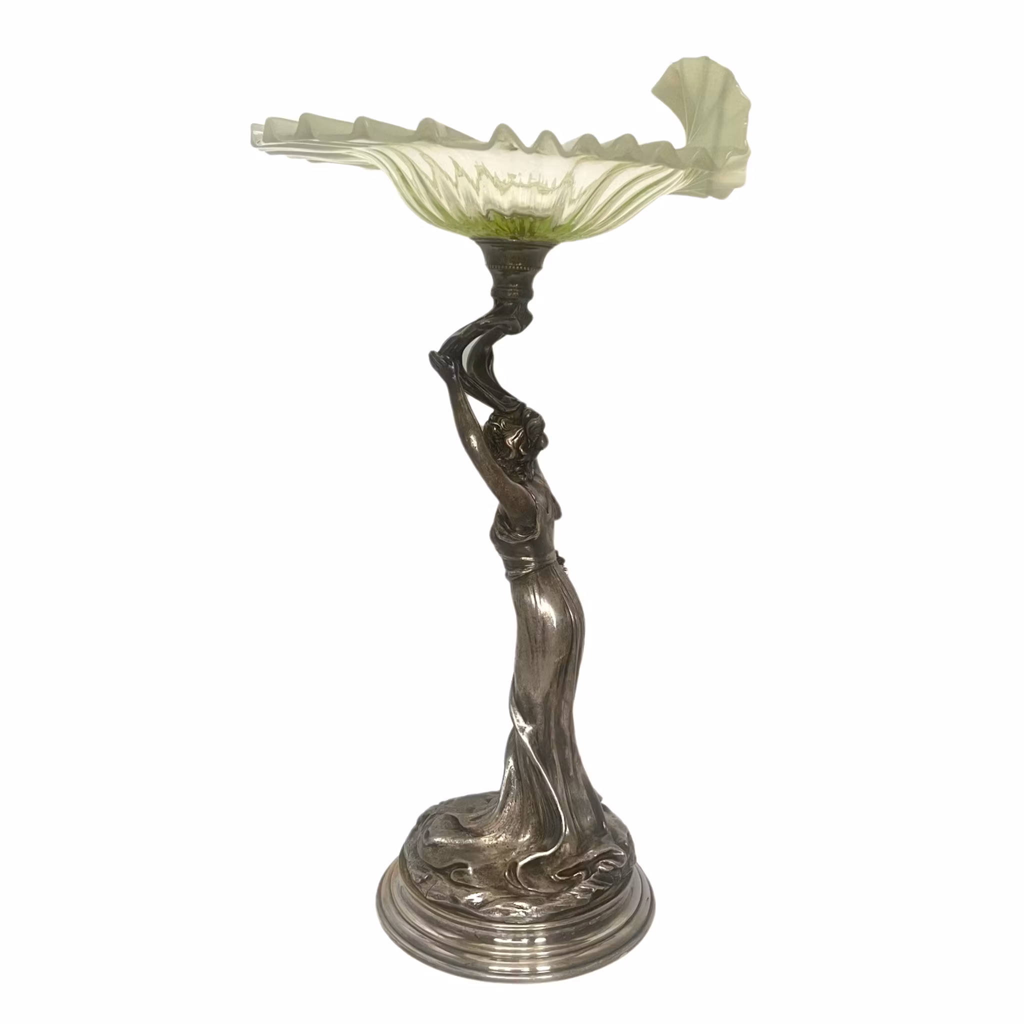 Vintage Art Nouveau, verzilverd beeldje vrouw met uranium glazen kom
