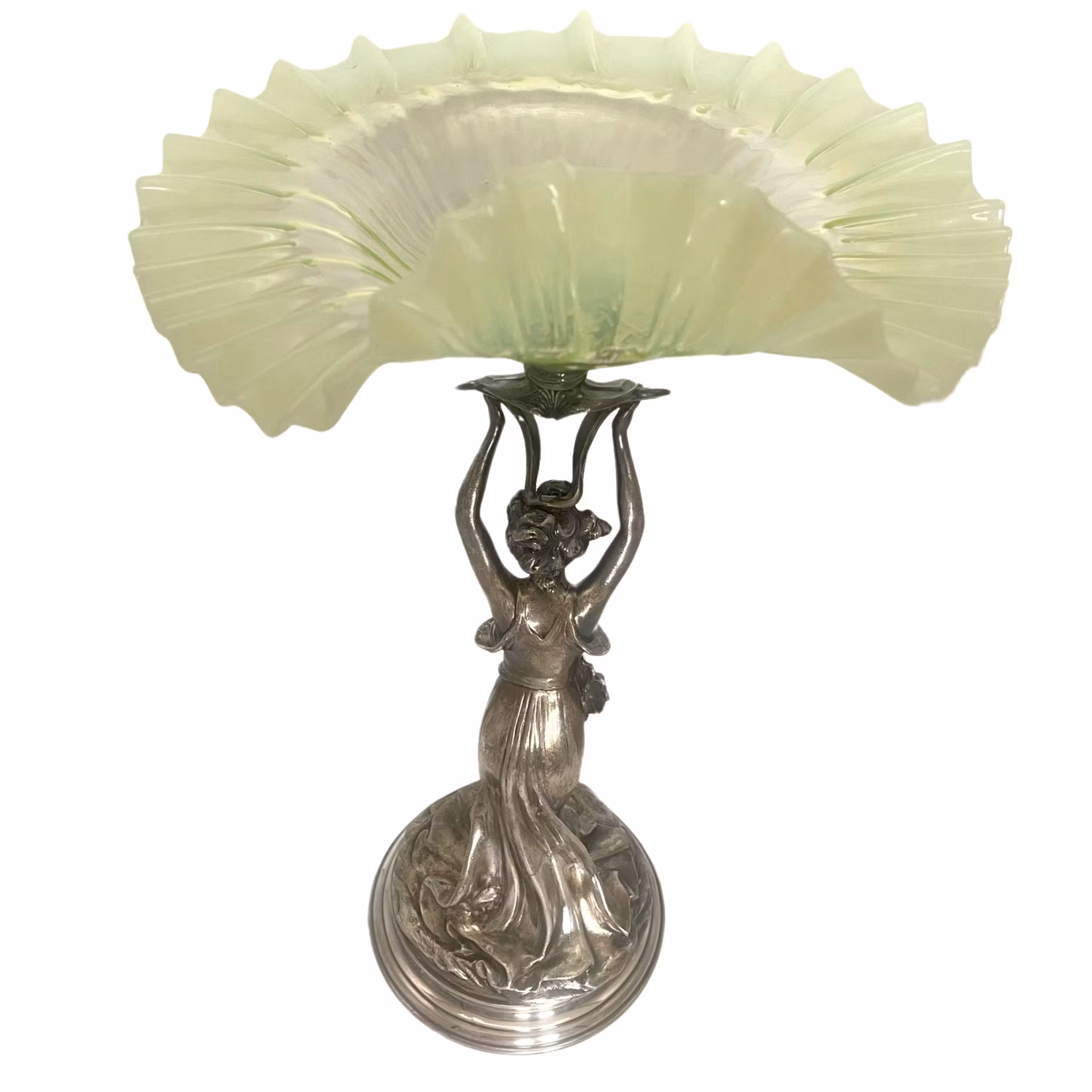 Vintage Art Nouveau, verzilverd beeldje vrouw met uranium glazen kom