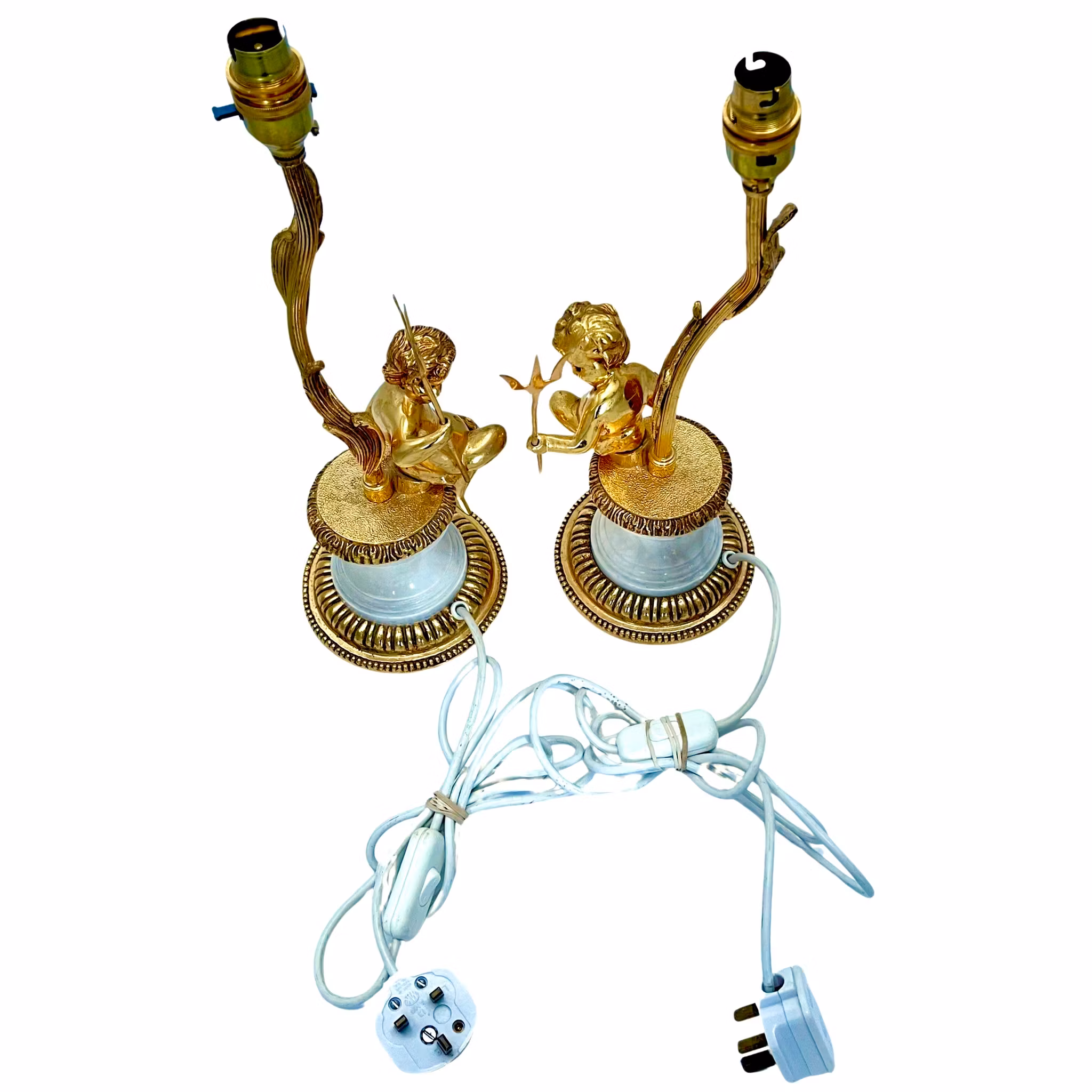 Vintage, Para lamp stołowych z białego marmuru i złoconego metalu