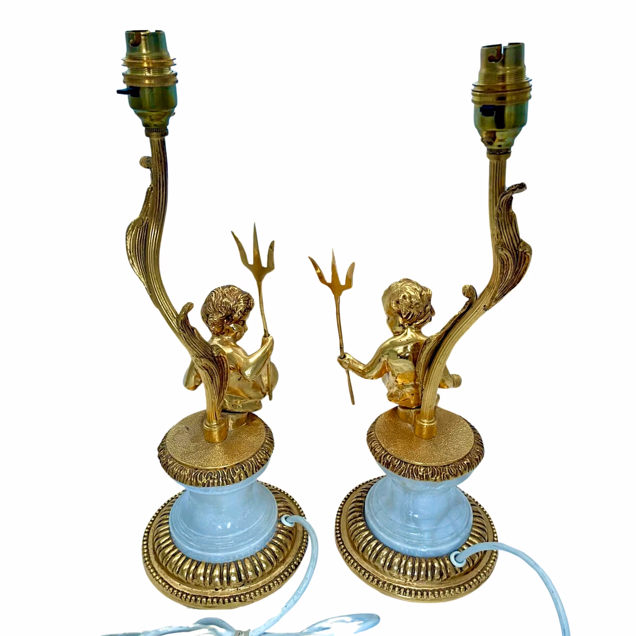 Vintage, Para lamp stołowych z białego marmuru i złoconego metalu