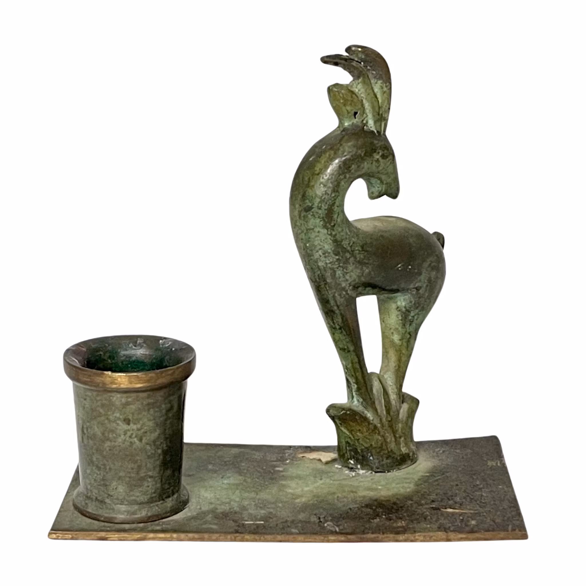 Antique bronze figure shaped like a goat with pedestal and beautiful candlestick