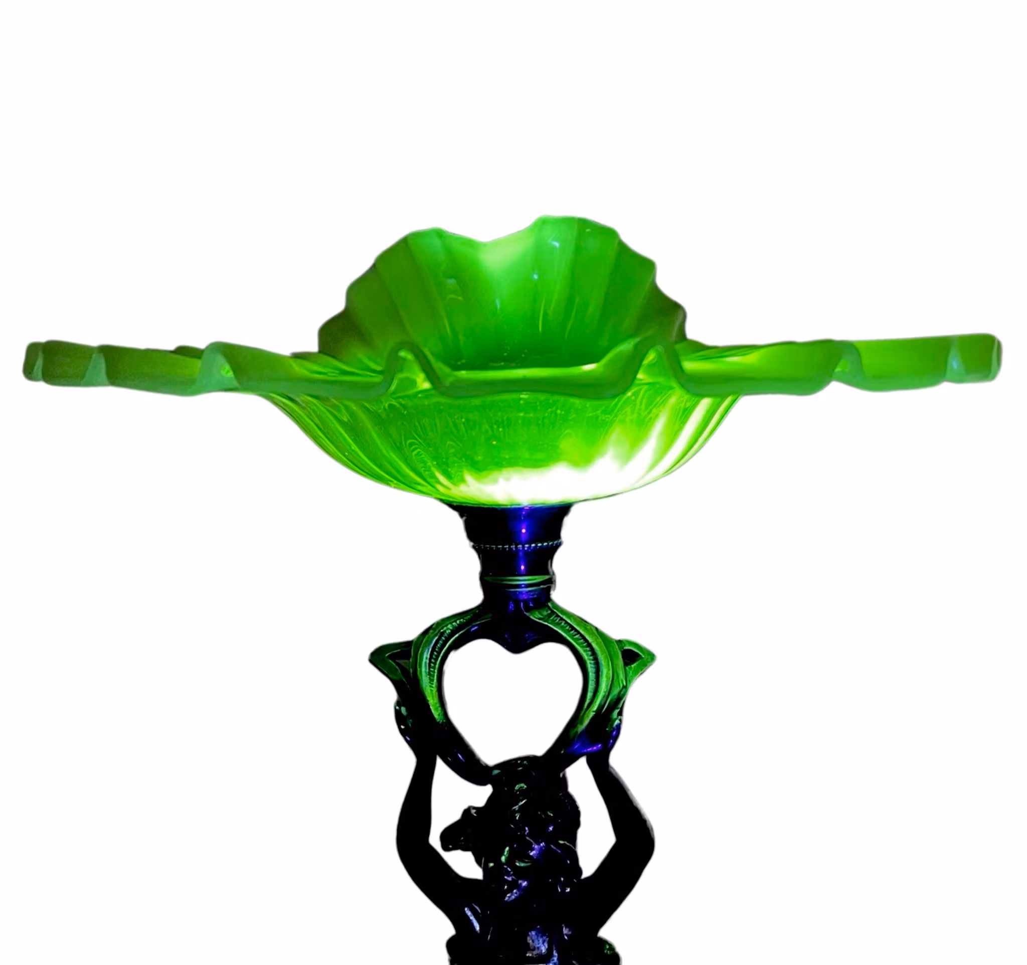 Vintage Art Nouveau, verzilverd beeldje vrouw met uranium glazen kom