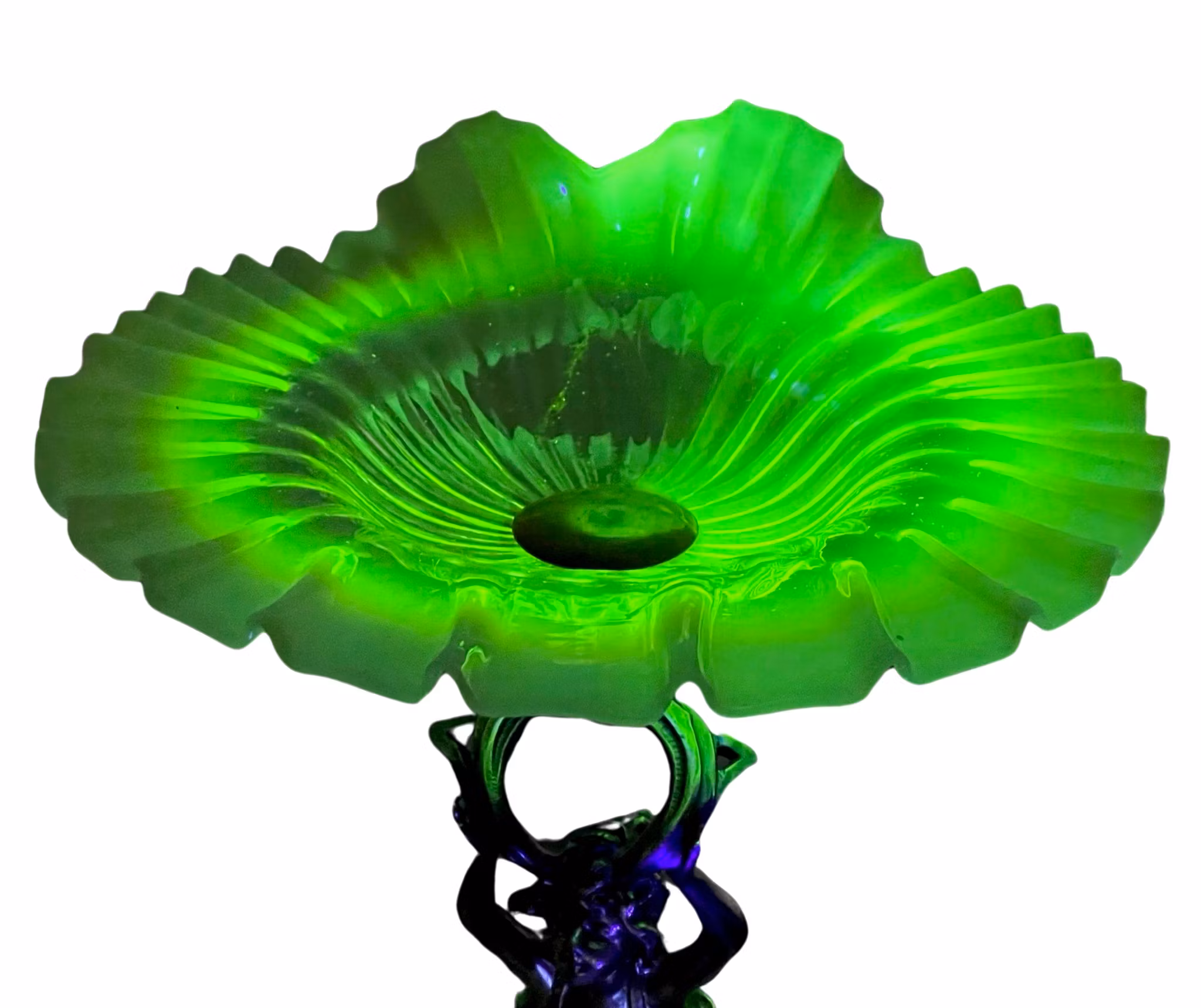 Vintage Art Nouveau, verzilverd beeldje vrouw met uranium glazen kom