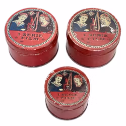 Rotolo di pellicola antico, tre scatole della GBN Bavaria, inizi del XX secolo