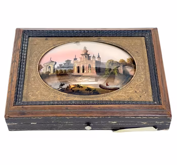 Antik syverktyg skrin, handmålad