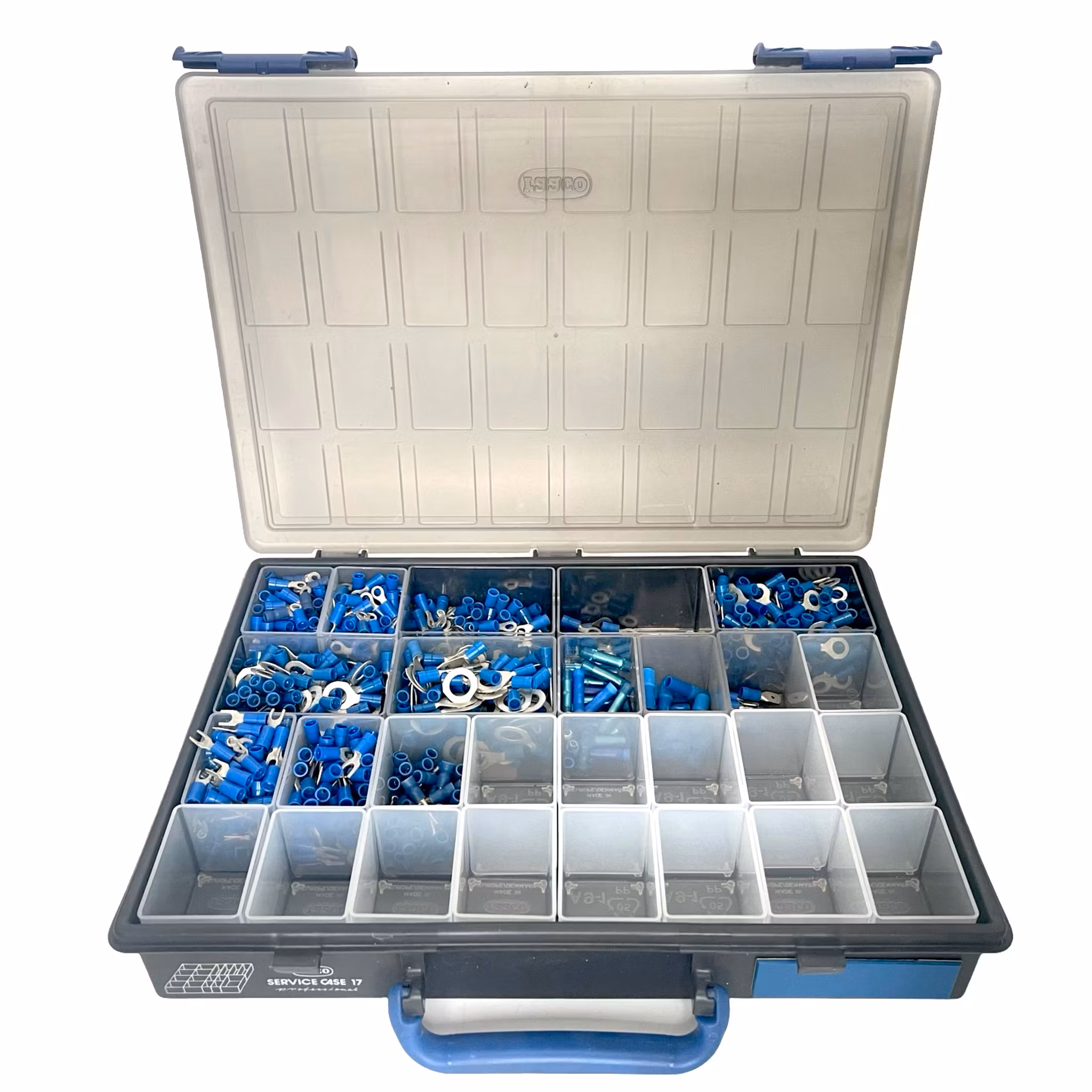 Ongeveer 1000 gemengde kabelschoenen & krimpscheppen in een Raaco doos