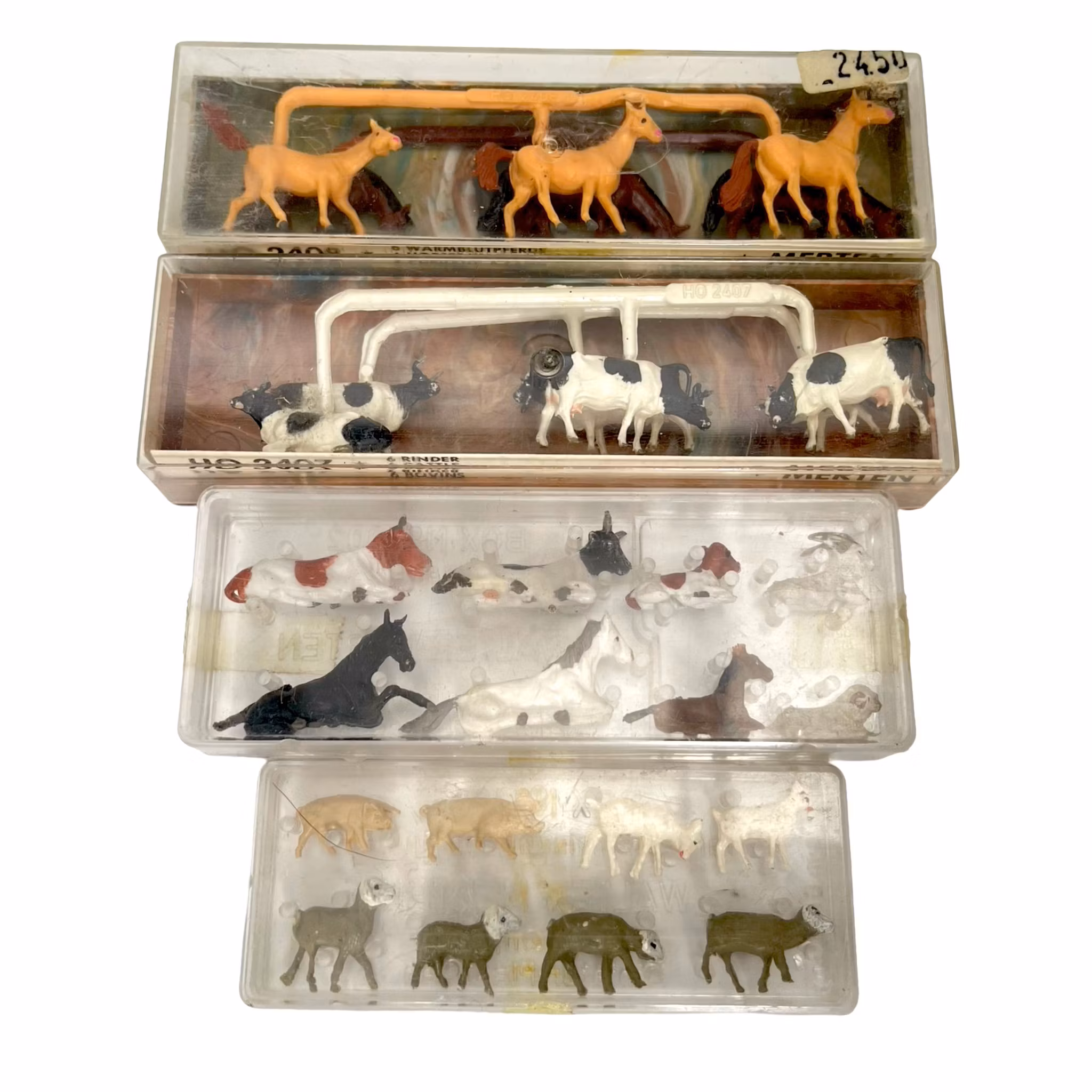 4 stk, Merten miniature figurer HO 2407, 2408, 1002, 1005