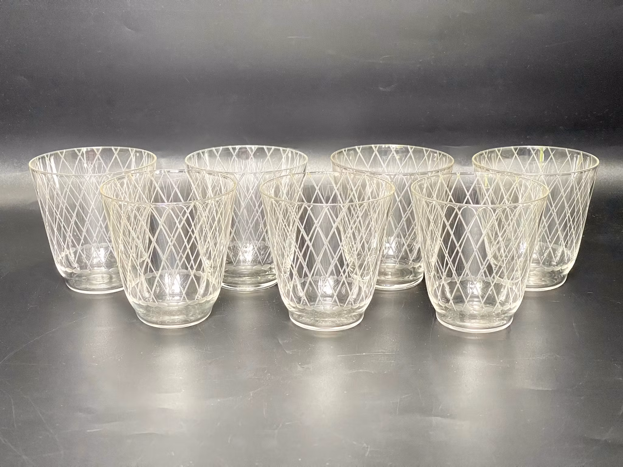 7 pcs, Vicke Lindstrand, grog glass, Sickan, Kosta Boda, check pattern