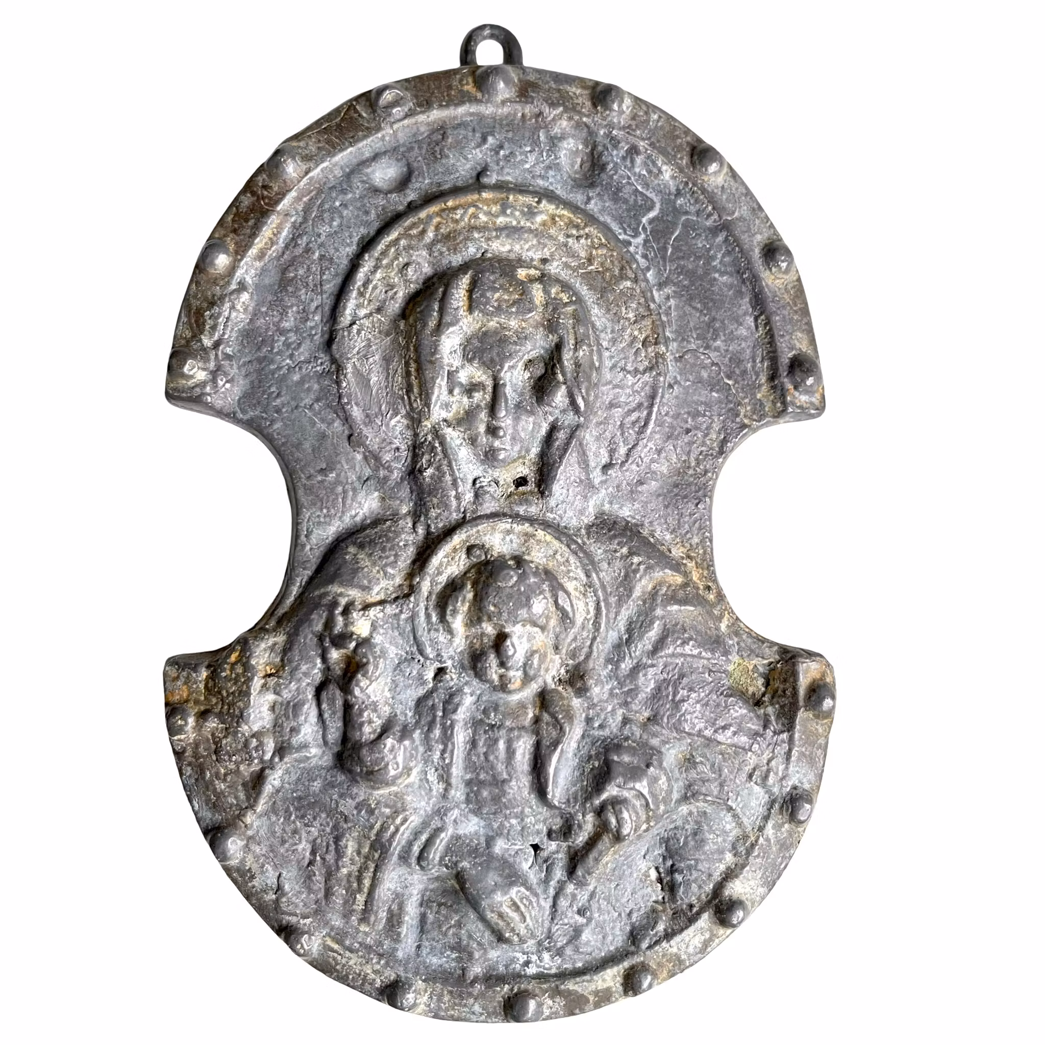 Antique relief, Virgin Mary and the Christ Child, metal