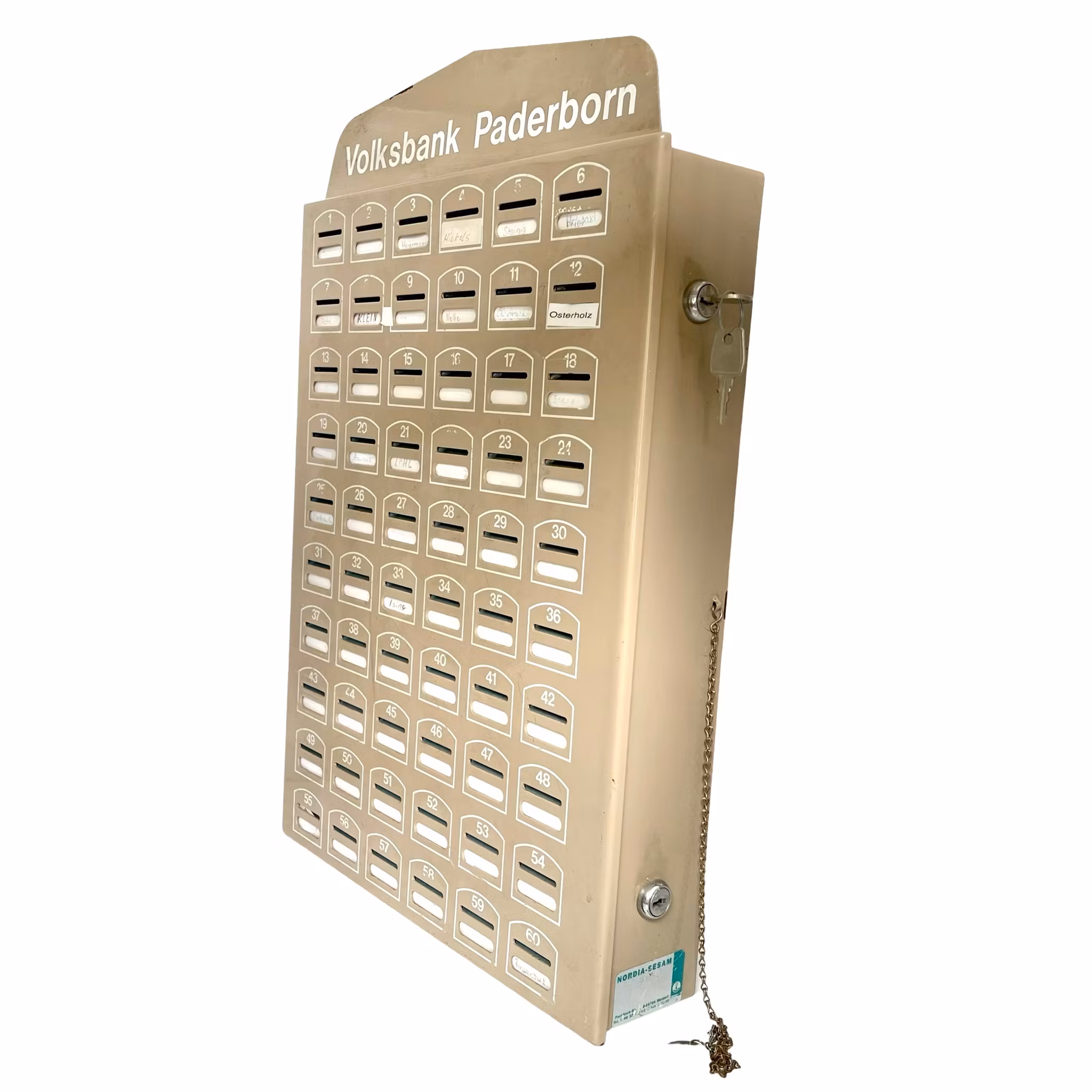Vintage, Cassetta risparmio Nordia-Sesam 60 scomparti, chiusura con doppia chiave, metallo