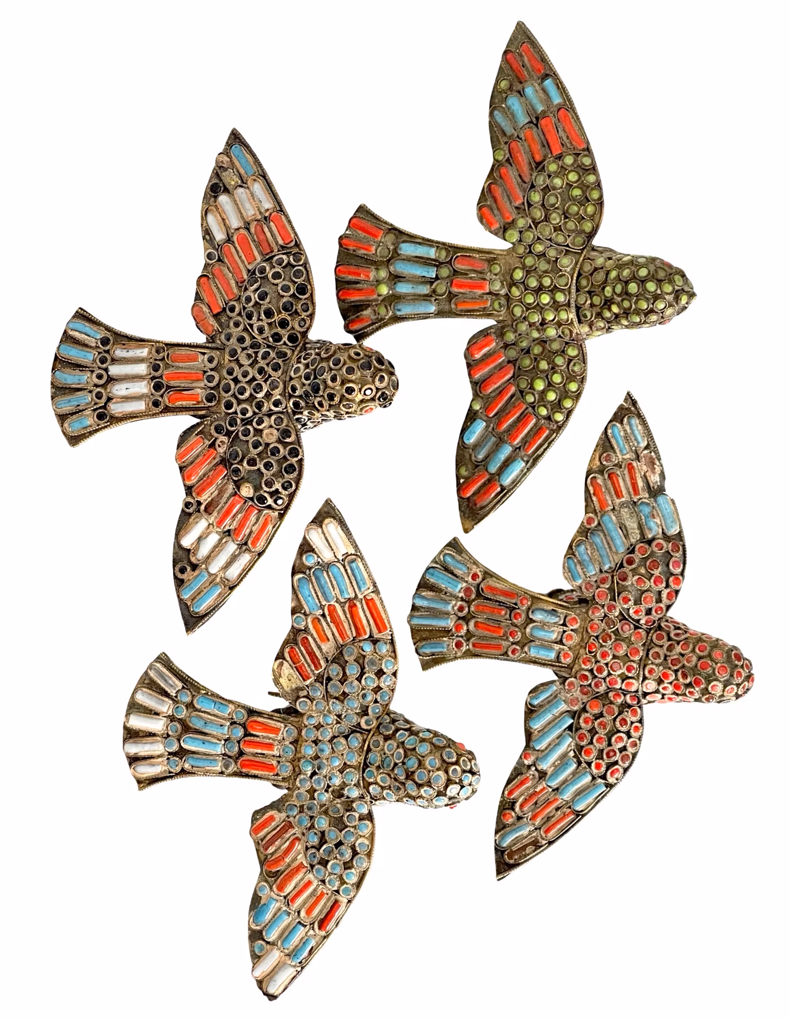 Ręcznie zdobione ptaki w kolorze niklowo-srebrnym z kamiennymi intarsjami w kolorze turkusowego koralu