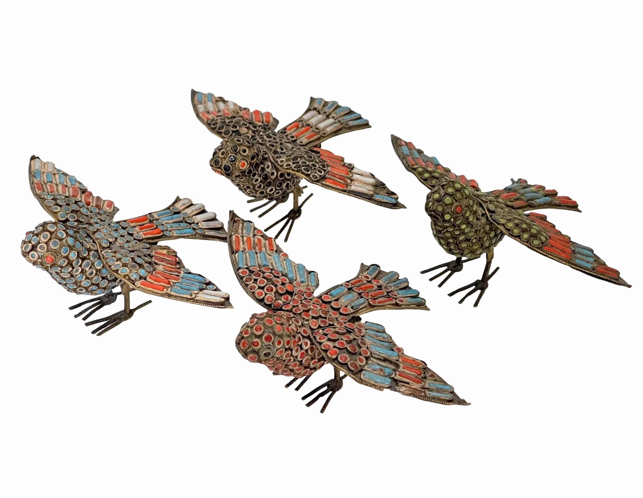 Ręcznie zdobione ptaki w kolorze niklowo-srebrnym z kamiennymi intarsjami w kolorze turkusowego koralu