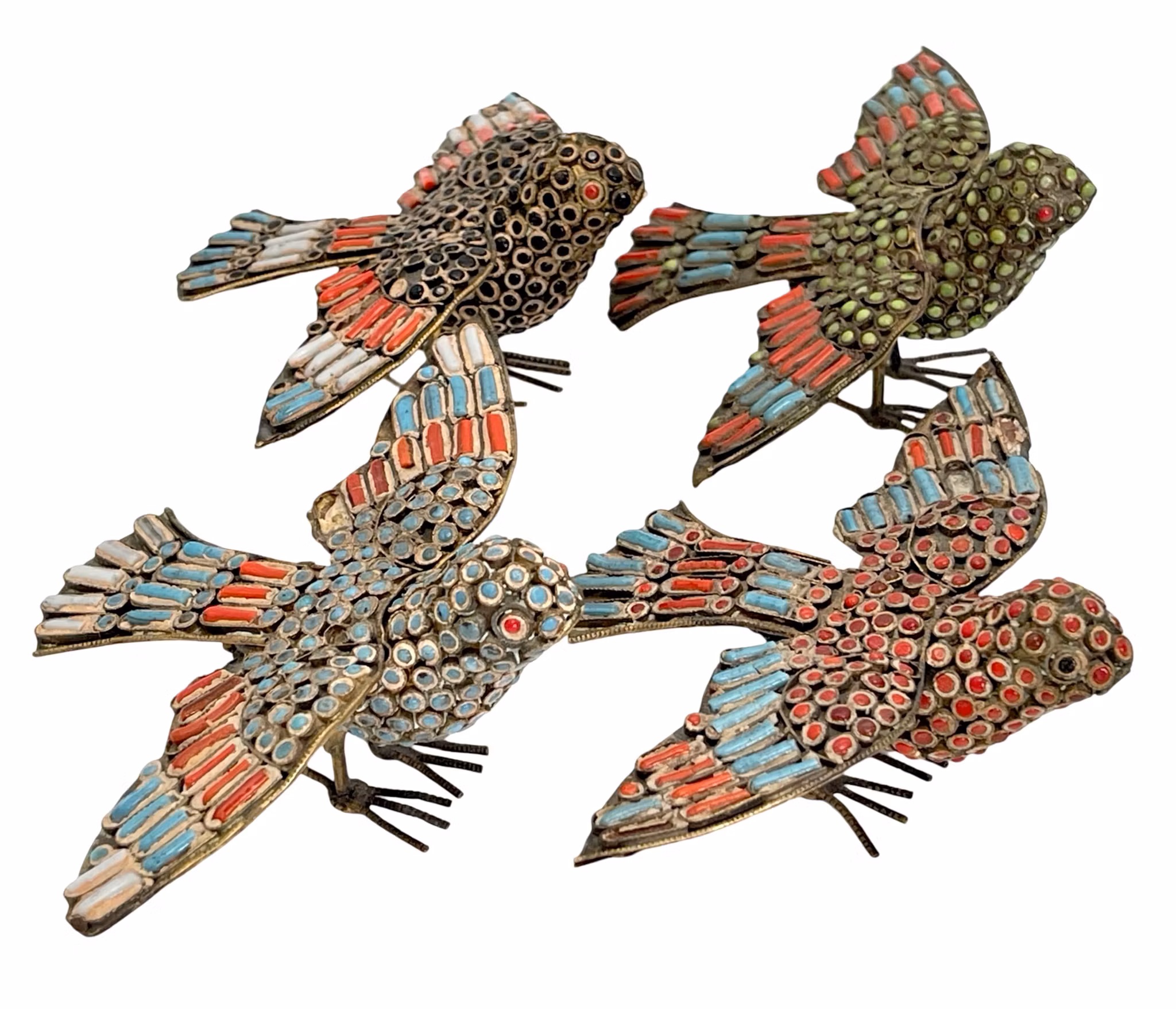 Ręcznie zdobione ptaki w kolorze niklowo-srebrnym z kamiennymi intarsjami w kolorze turkusowego koralu