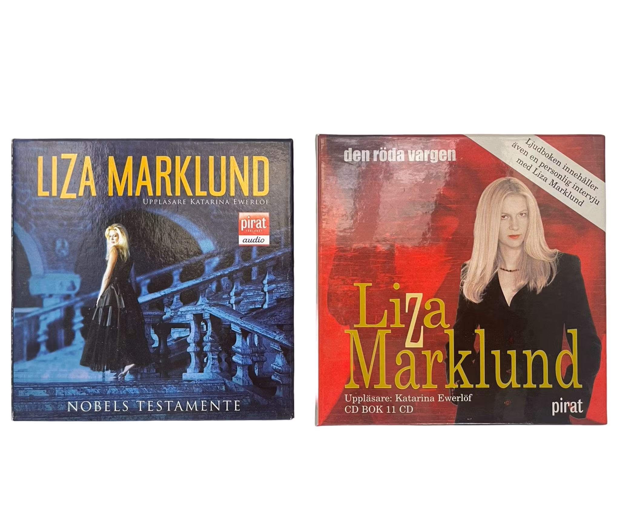 Kaksi äänikirjaa 22 CD:llä, Liza Marklund, Punainen susi ja Nobelin testamentti
