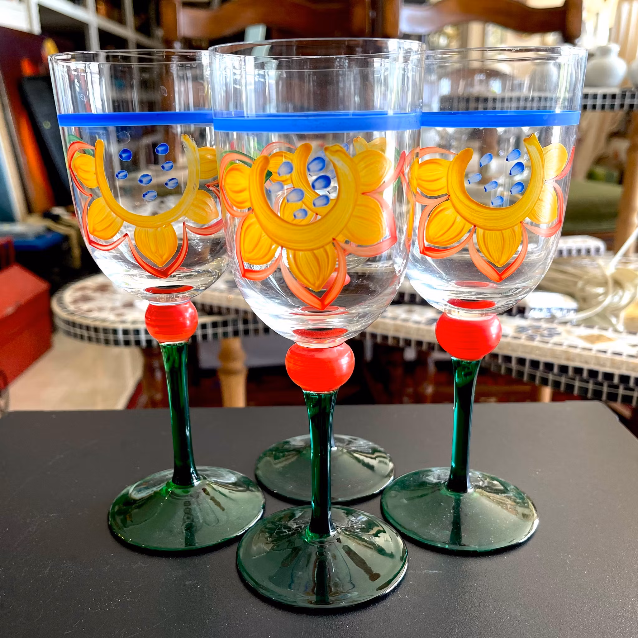 4 st, Vinglas Solrosen - Christineholm Handmålad