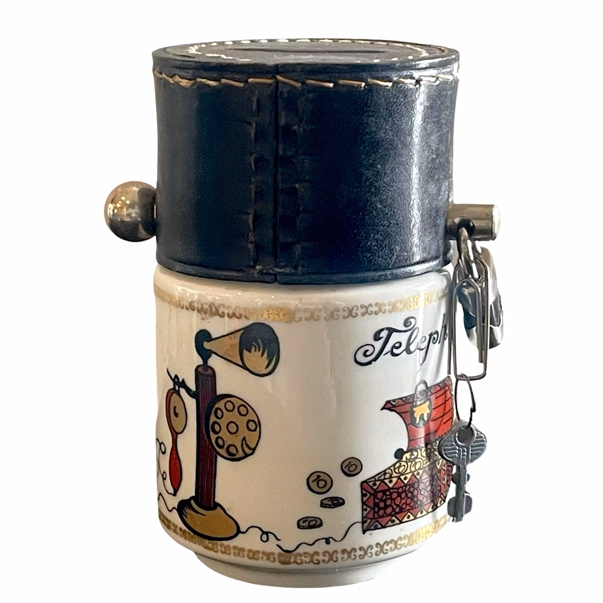 Telephone piggy bank, porcelain by Helmut Krüger with leather lid