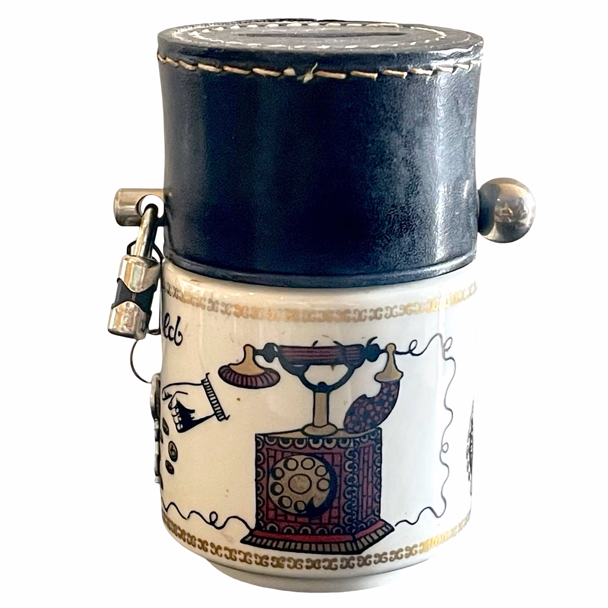 Telephone piggy bank, porcelain by Helmut Krüger with leather lid