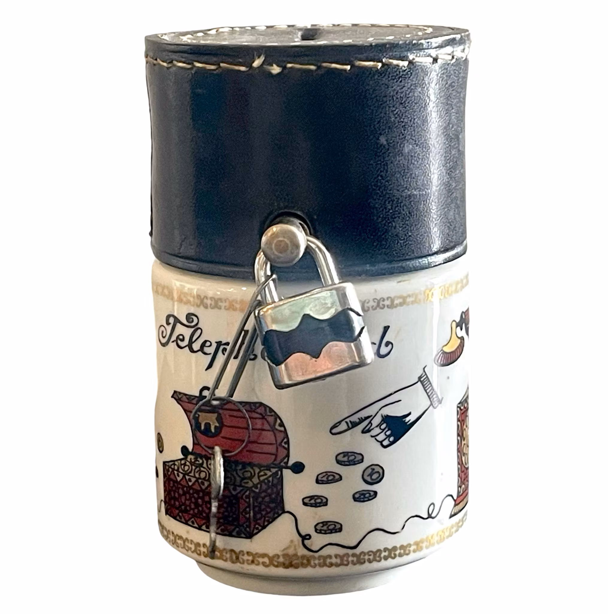 Telephone piggy bank, porcelain by Helmut Krüger with leather lid