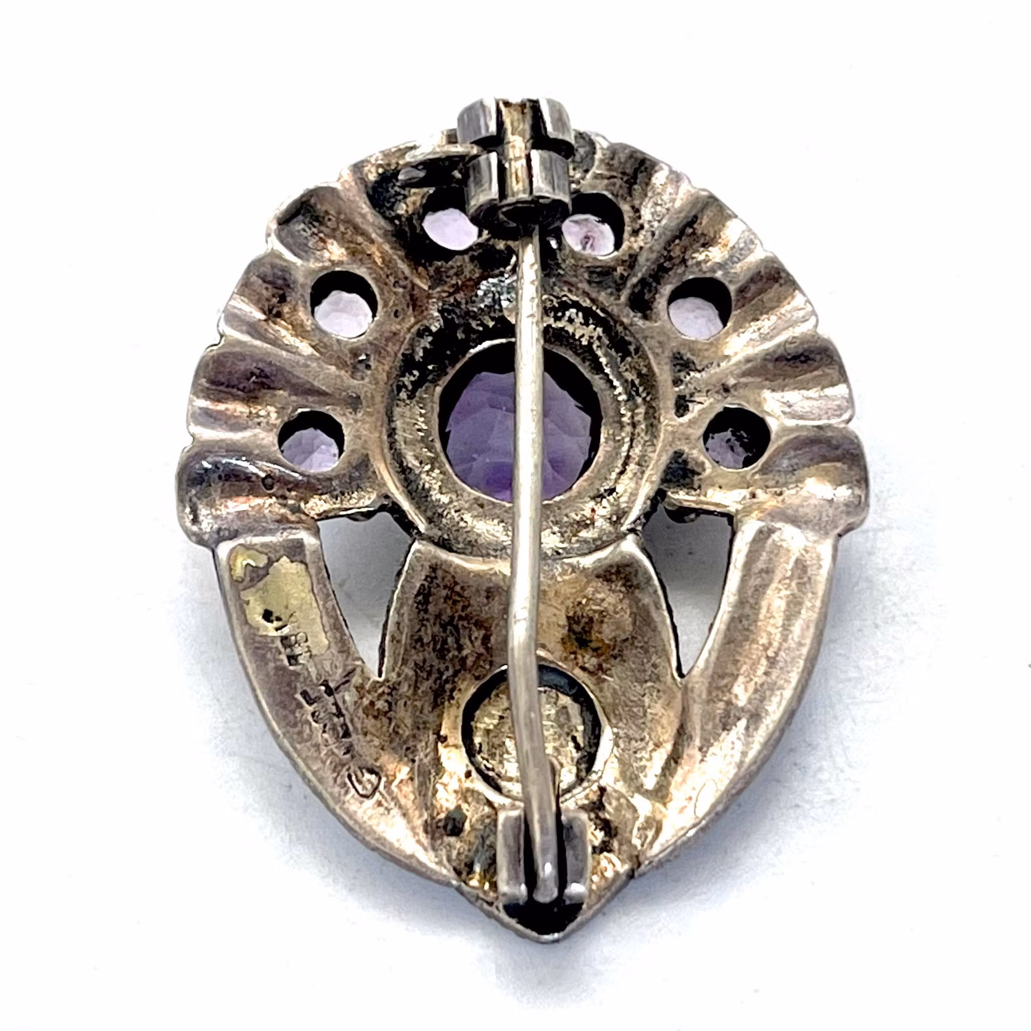 Brosche aus Sterlingsilber mit 18 Karat Gold und Markasiten und Amethysten