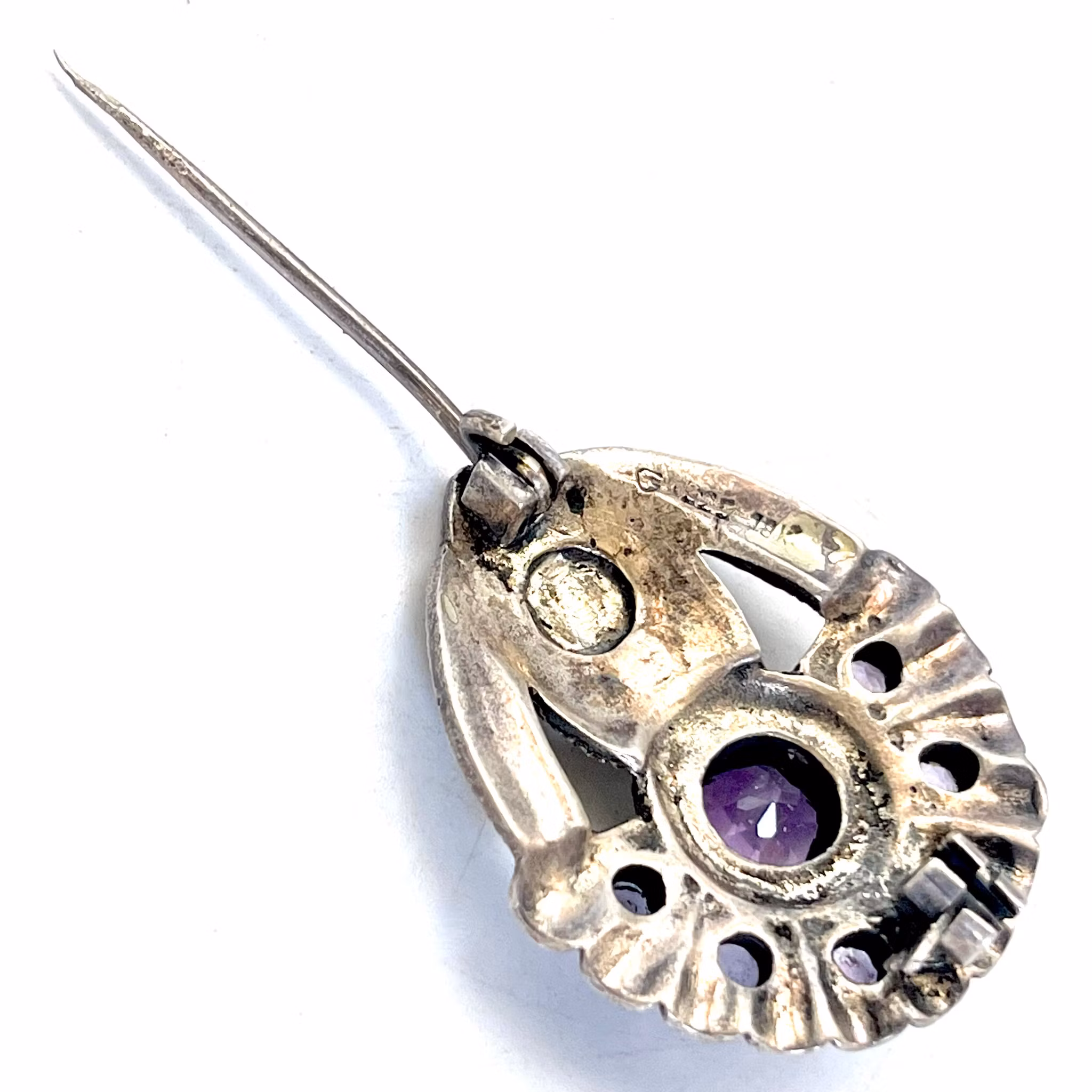 Brosche aus Sterlingsilber mit 18 Karat Gold und Markasiten und Amethysten