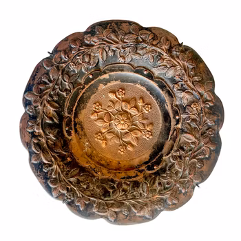 Antik relief dekor fat, lergods, blommor och blad, stämplad