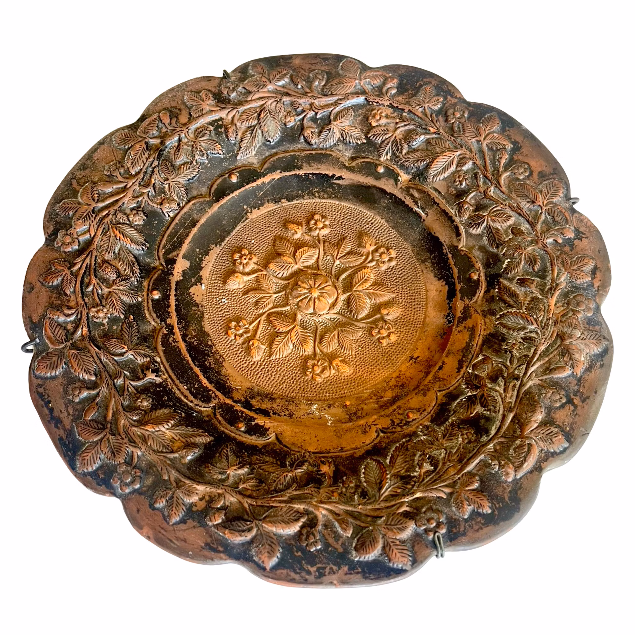 Antique relief decor dish, earthenware, flowers and leaves, stamped