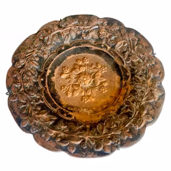 Antikk relieff dekorfat, keramikk, blomster og blader, stemplet