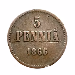 5 penniä 1866 koppar, Finland
