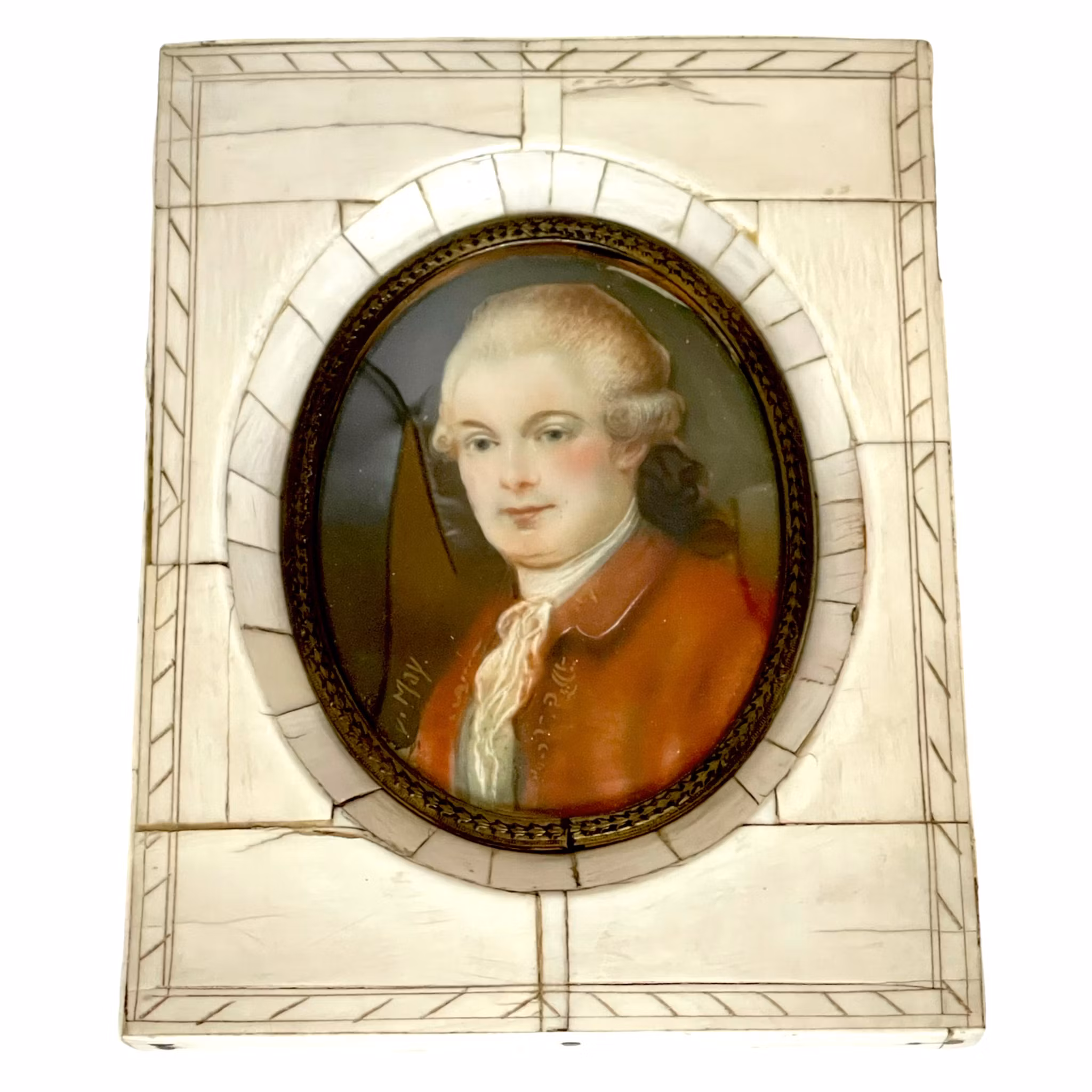 Antik målad Miniatyrtavla, ben, signerad