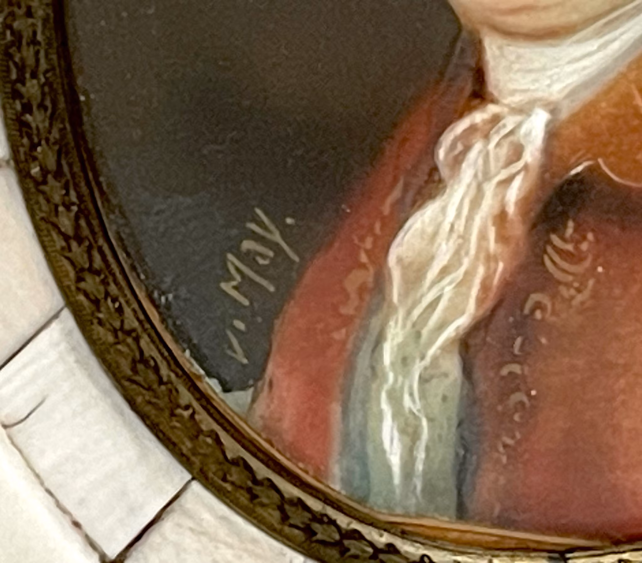 Antik målad Miniatyrtavla, ben, signerad