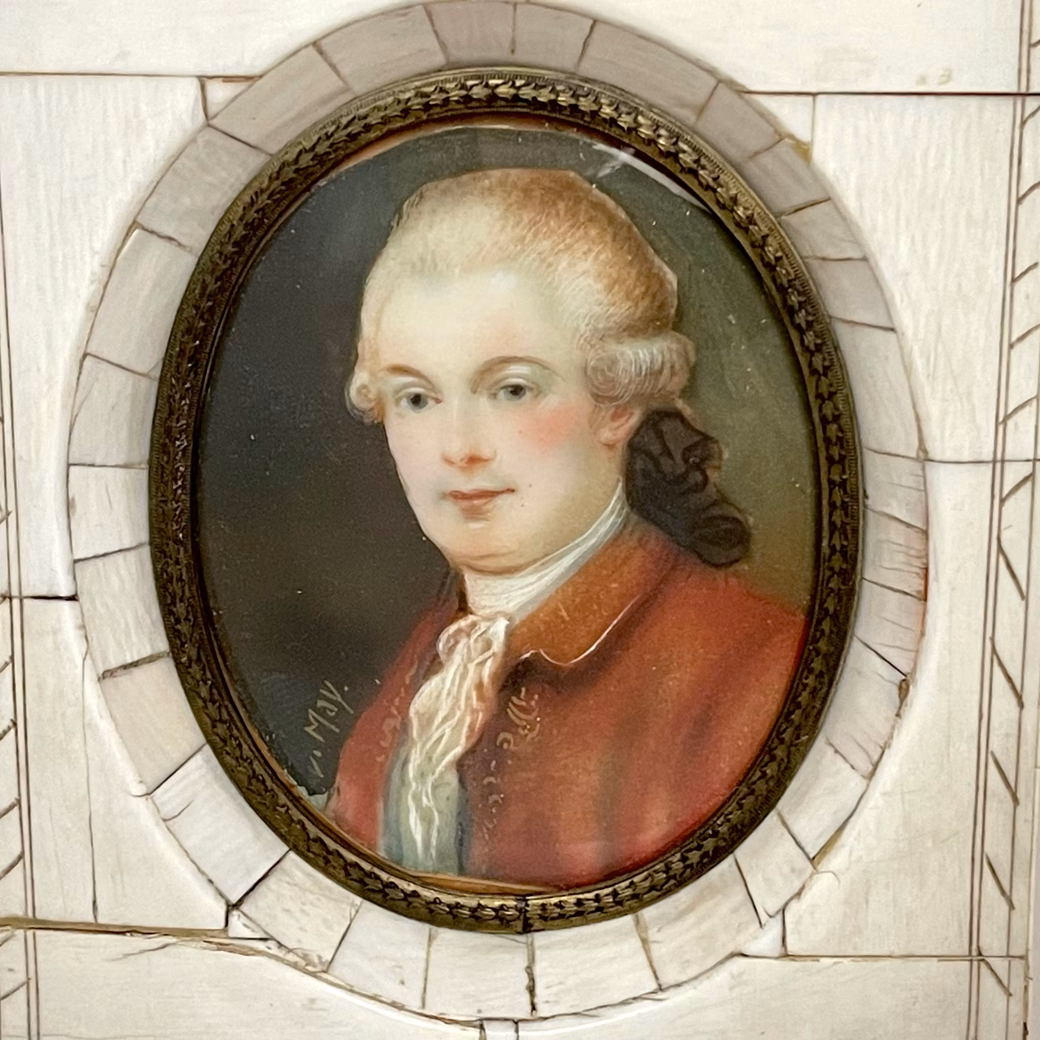 Antik målad Miniatyrtavla, ben, signerad