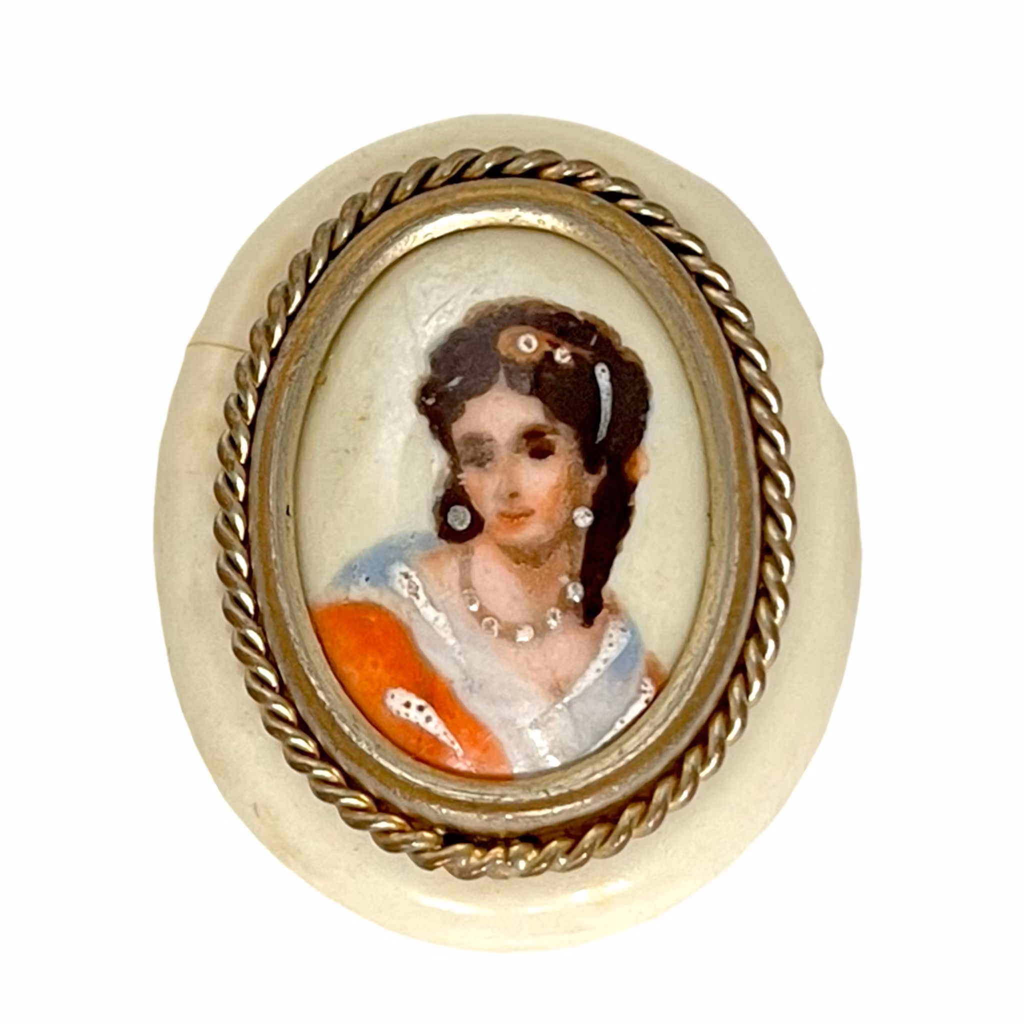 Vintage handmålad porslin brosch, kvinna, Limoges Frankrike