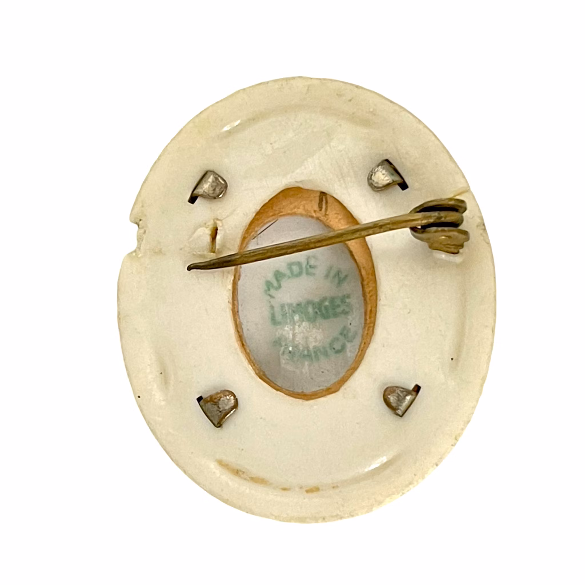 Vintage handmålad porslin brosch, kvinna, Limoges Frankrike