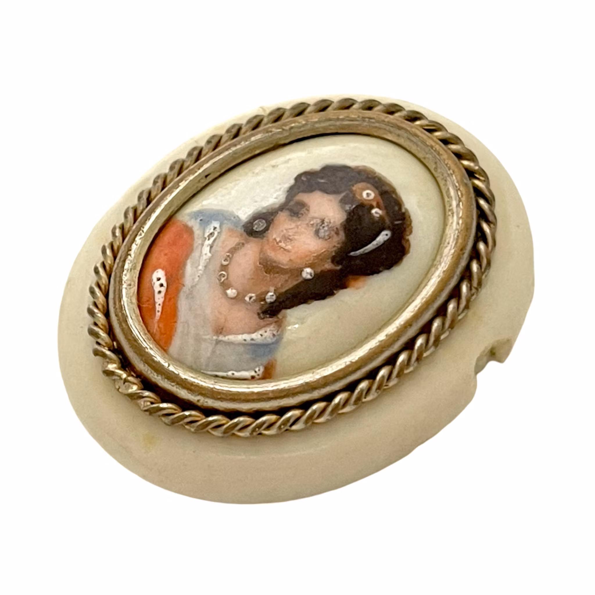 Vintage handmålad porslin brosch, kvinna, Limoges Frankrike