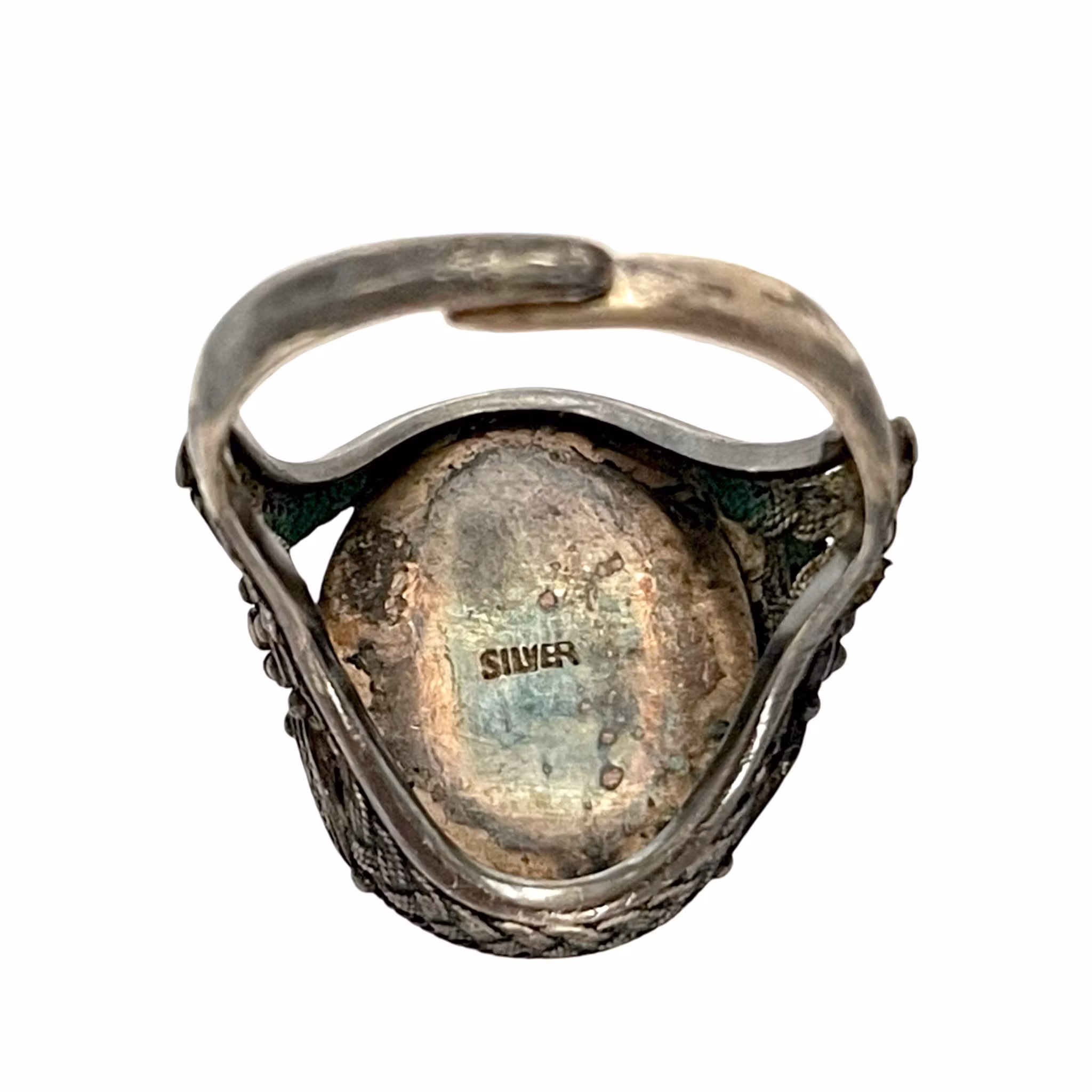 Antiker chinesischer geschnitzter Zinnober-Silberring