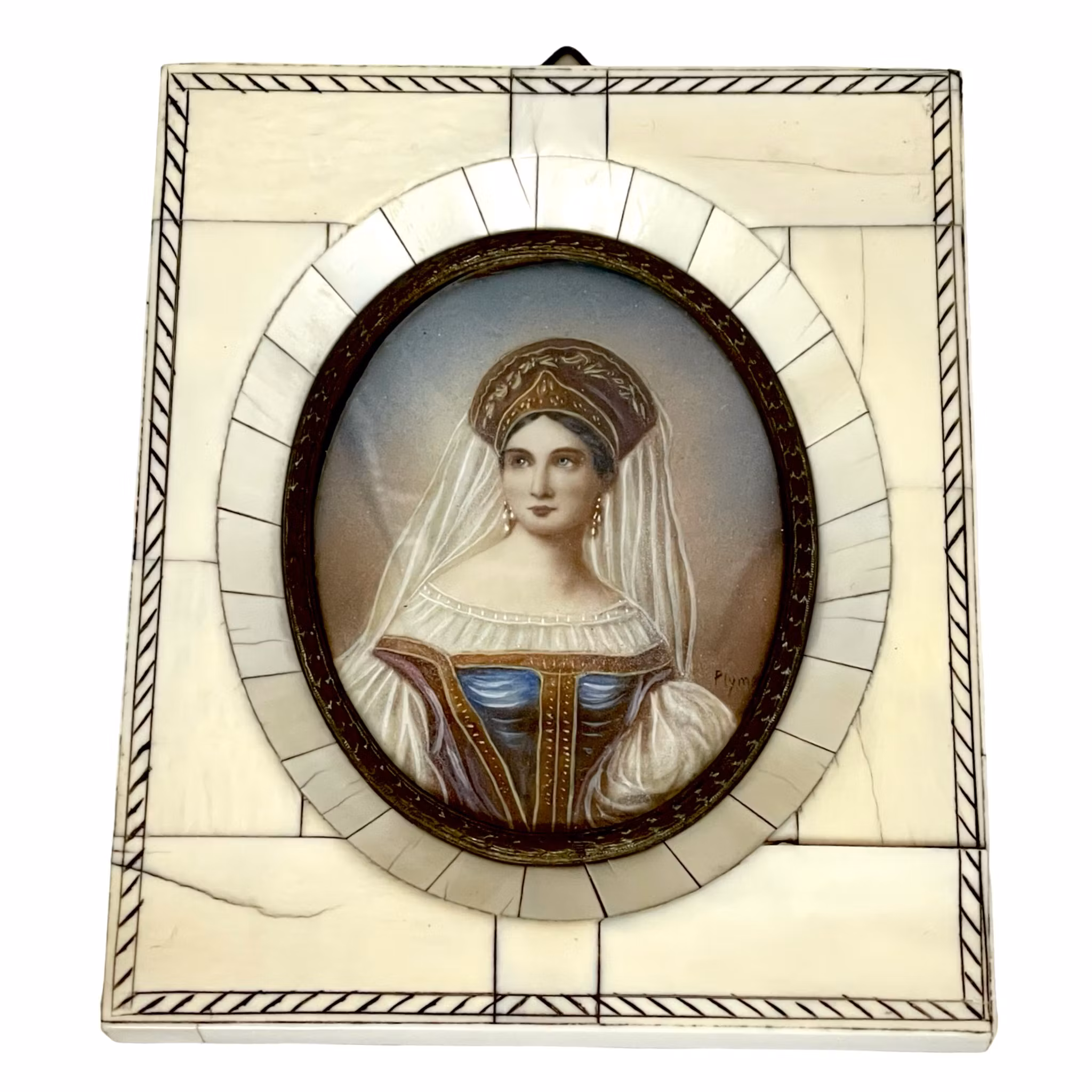 Antik målad Miniatyrtavla, ben, signerad