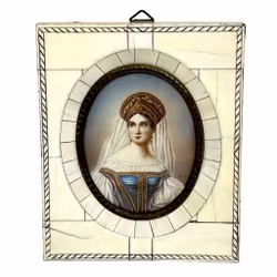 Cuadro en miniatura pintado antiguo, hueso, firmado.