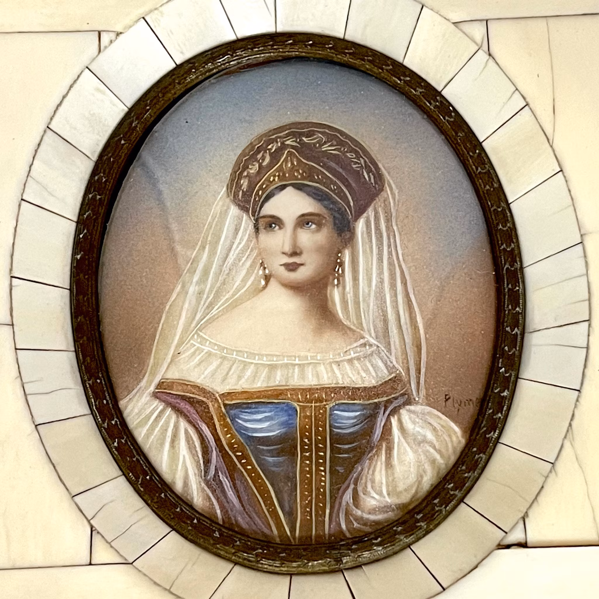 Antik målad Miniatyrtavla, ben, signerad