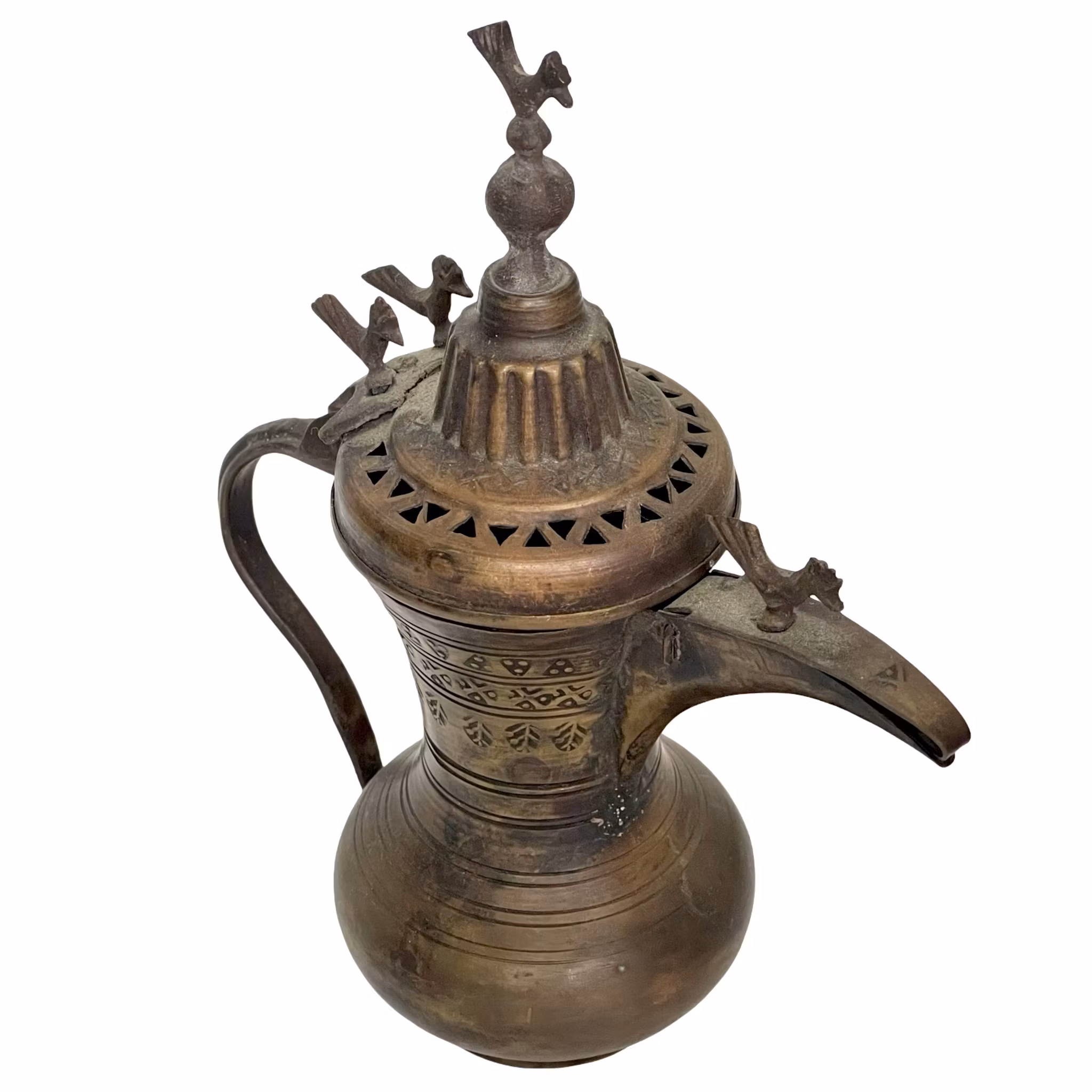 Antica caffettiera Dallah, Decorata con simboli geometrici e quattro uccelli, Firmata