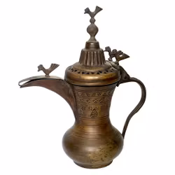 Antik Dallah kaffekanna, Dekorerad med geometriska symboler och fyra fåglar, Signerad