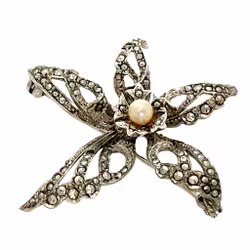 Brosche mit Perle und Markasit, ca. 5x5 cm, Silber 830 S