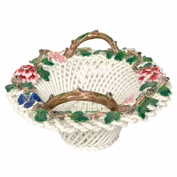 Äldre Dekorativ korg blomkorg i porslin av Crown Staffordshire, England