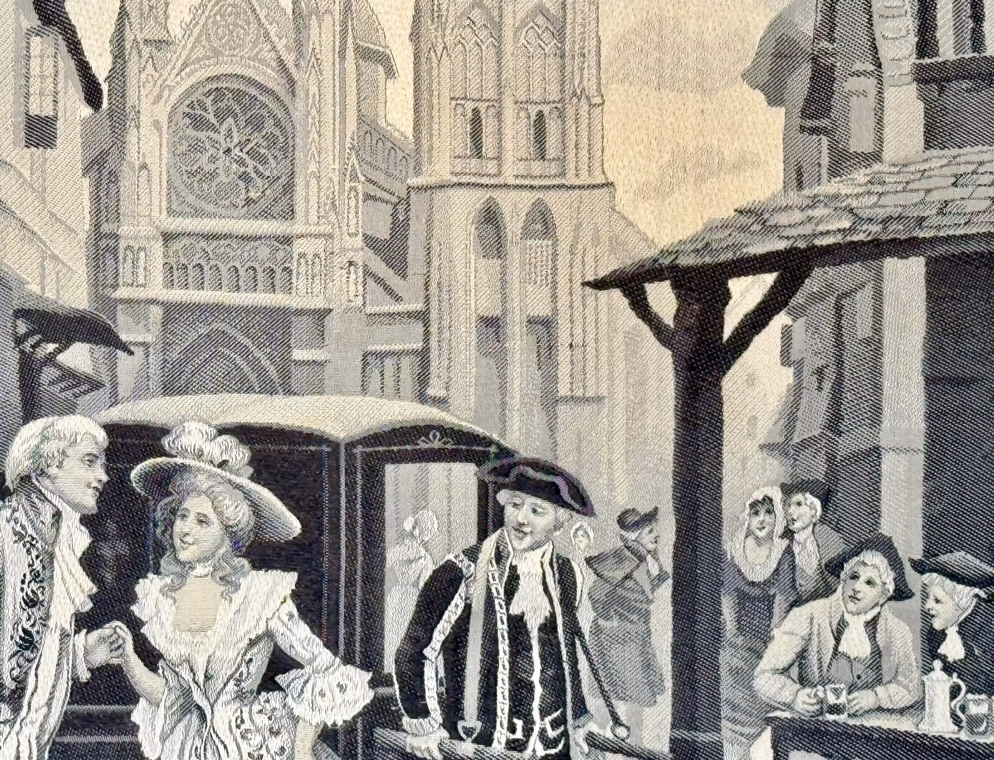 Antik Neyret Freres Silk vävt Damask Gobeläng, Paris Gata Scen 1800-talet