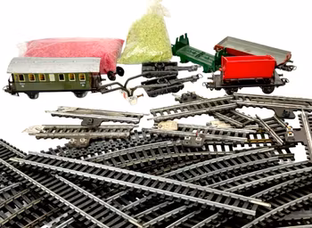 HO skala Modell tågvagnar med räls m.m.