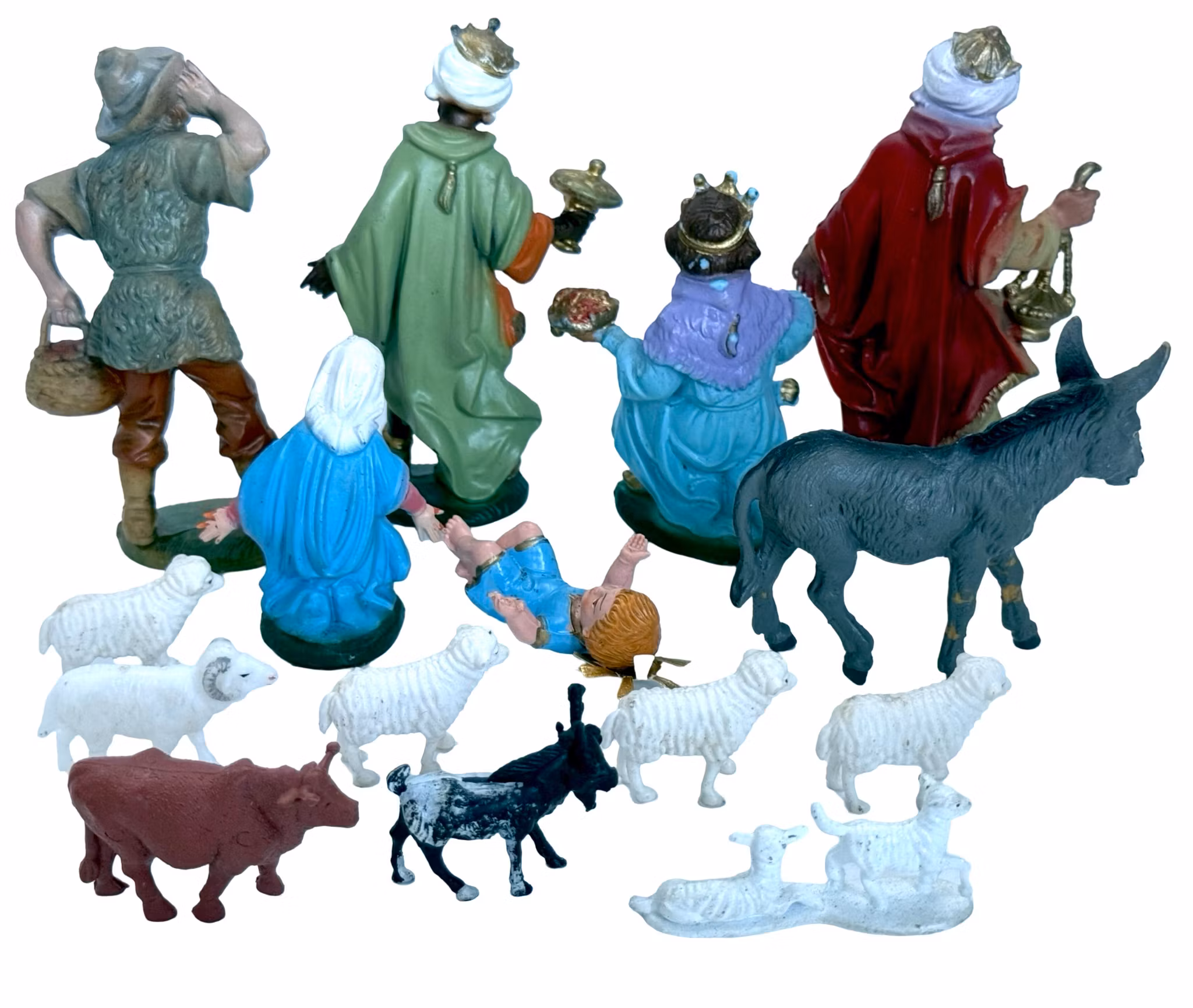 Zabytkowe figurki do szopki bożonarodzeniowej, zestaw plastikowy