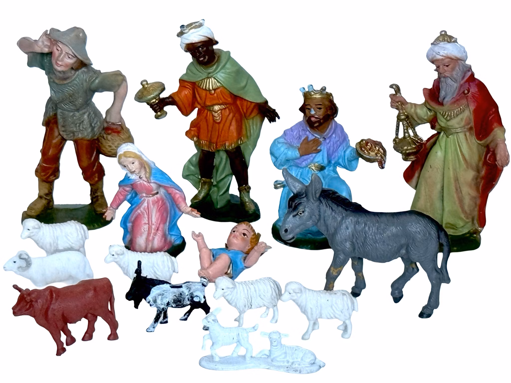 Zabytkowe figurki do szopki bożonarodzeniowej, zestaw plastikowy