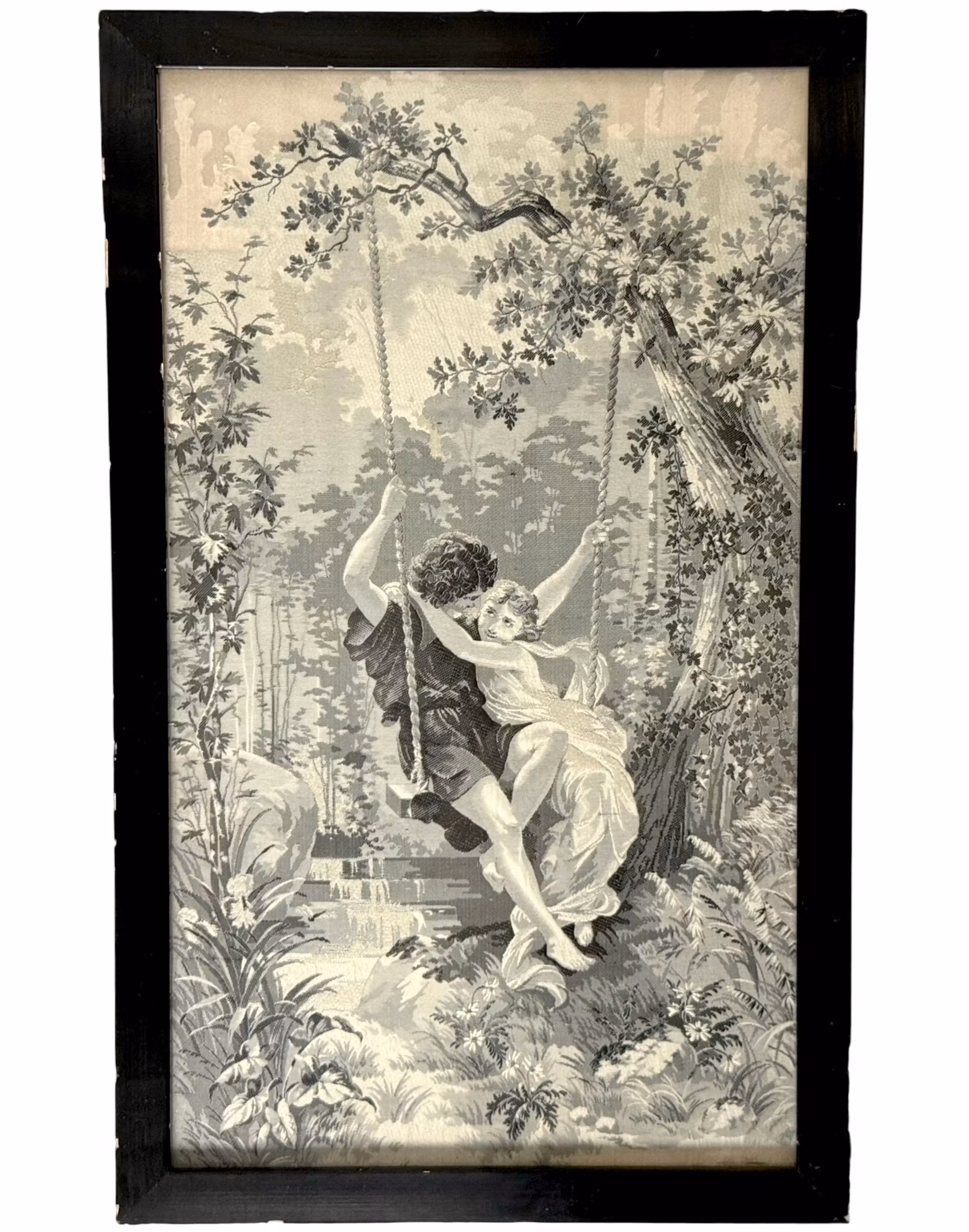 Antique Neyret Freres Tapisserie damassée tissée en soie, Image en soie romantique, Amoureux sur la balançoire, 19ème siècle