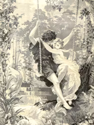 Antyczny Neyret Freres Tkany jedwabny gobelin adamaszkowy, romantyczny obraz jedwabny, kochankowie na huśtawce, XIX wiek